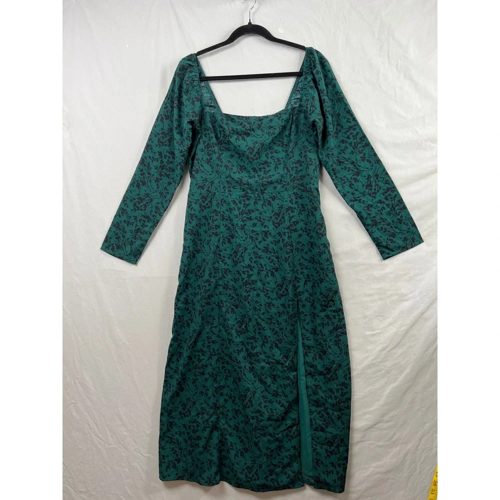 Abercrombie & Fitch Maxi Dress Womens Large Green Black Floral Long Sleeve Slit